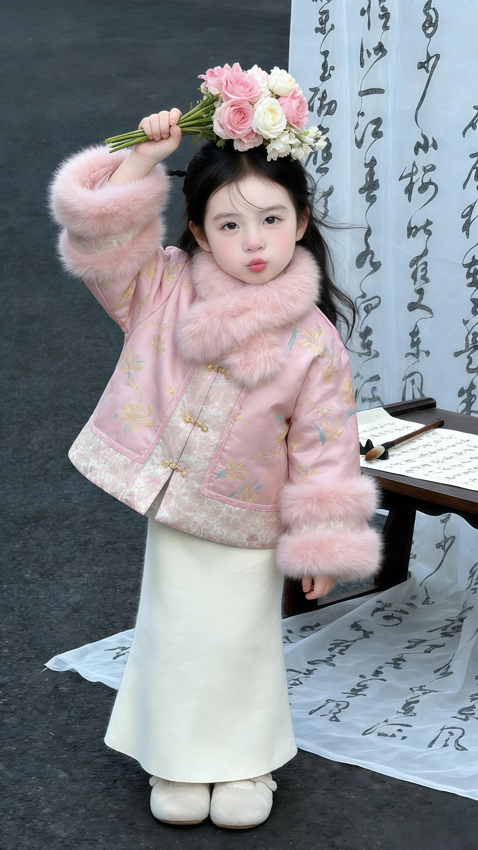 新年款粉色刺绣唐装外套专为女童设计，超大狐狸毛领软糯亲肤，衣身的重工蝴...