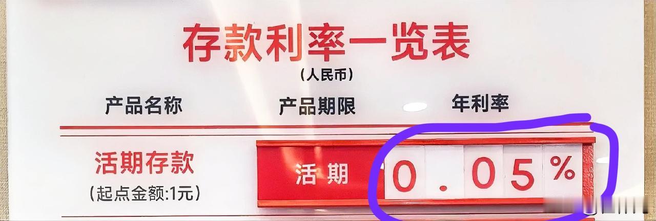 现在的活期利率都基本等于0了，
在公示牌上看到活期利率是0.05%，这基本等同于