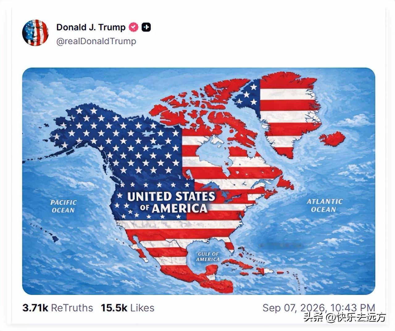 特朗普这是要当“地球球长”？一张AI地图把20国划进美国，多国瞬间炸锅！

这是
