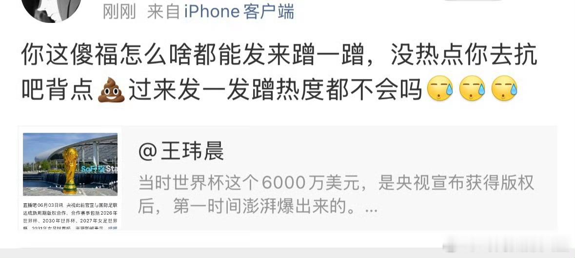 世界杯版权这事又被连续骂了几天。感觉跟姜萍当时挺像的。支持的都是数学没考及格过的