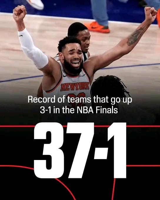 NBA总决赛历史1-3落后，只有十年前的詹姆斯完成过翻盘，还是73胜的勇士。
