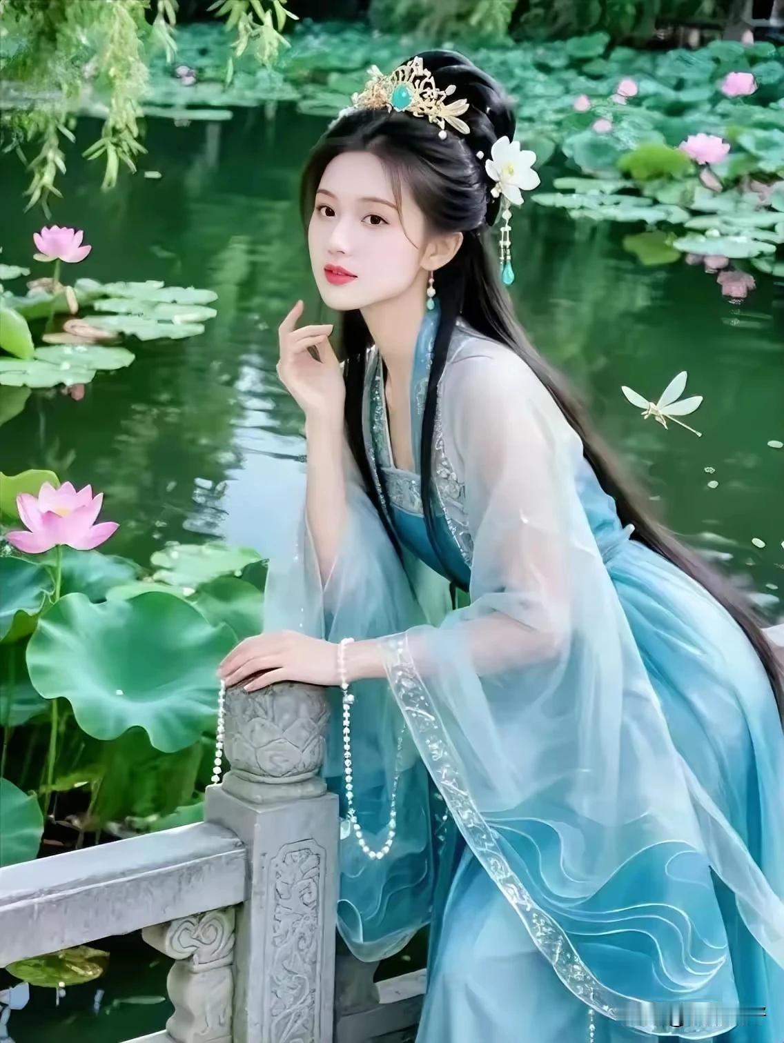 湖畔蜻蜓点水忙，
花裙小囡盼情郎。
阿哥若见屏中影，
两情相悦诉衷肠。
