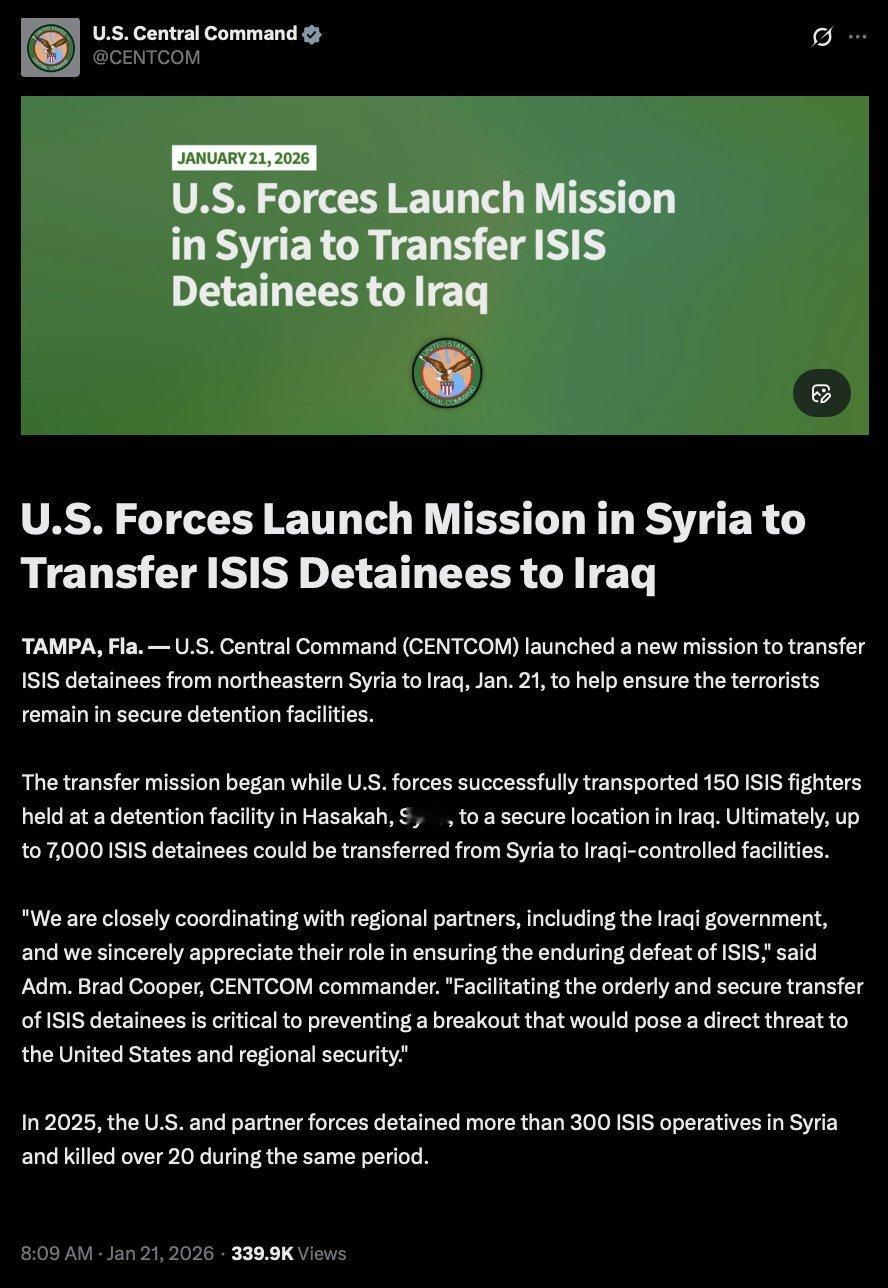 ❗美国中央司令部证实：美国正在将“IS”囚犯从叙利亚转移到伊拉克。玻利瓦尔英雄之