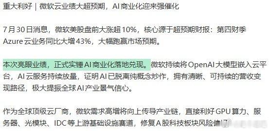 AI商业化迎来强催化AI商业化落地兑现 微软长期布局OpenAI与云生态融合，如