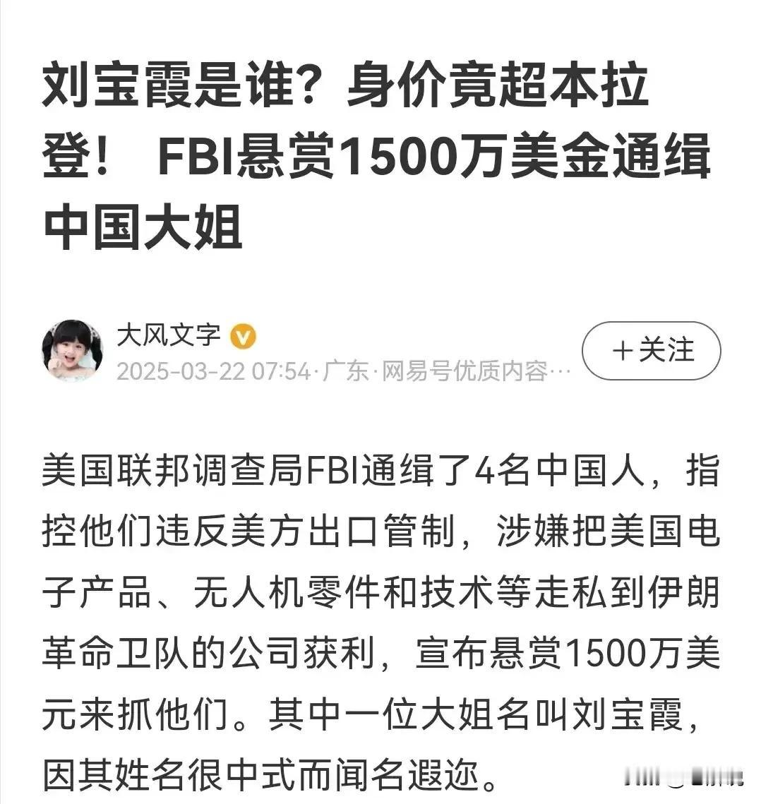 可能刘宝霞自己都没有想到，就因为当个二道贩子，把无人机零配件卖给伊朗，就被美国悬