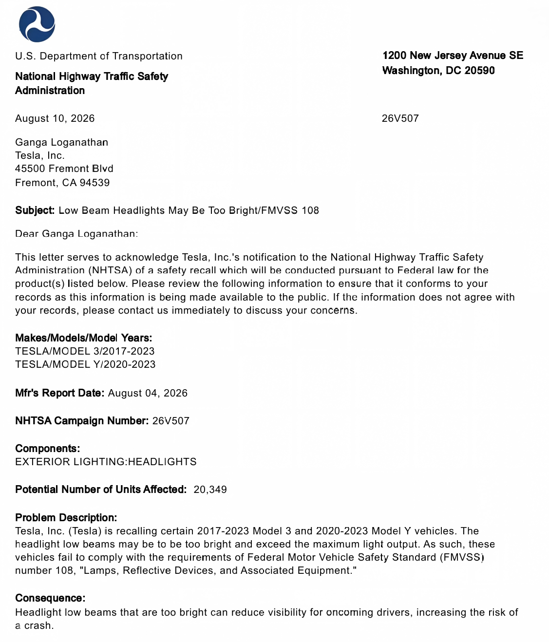 特斯拉在美国召回了20349台Model3+ModelY，因为车灯太亮增加碰撞风