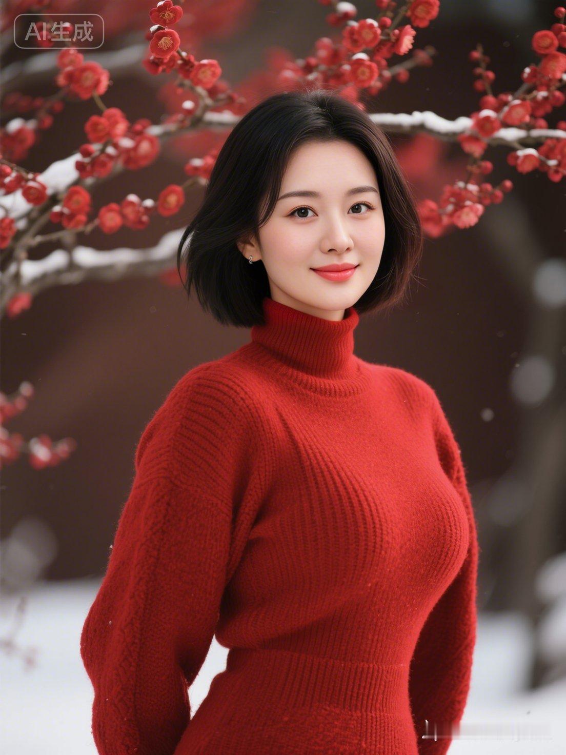 穿红色毛衣的女孩在雪地里微笑。