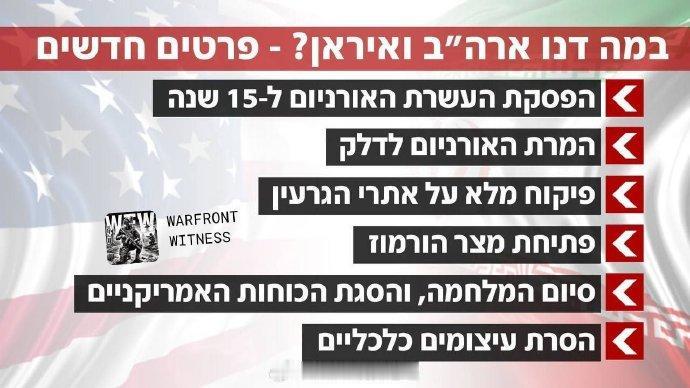 据以色列第12频道报道，近期美伊谈判中讨论的要点包括：
1.停止浓缩铀活动15年