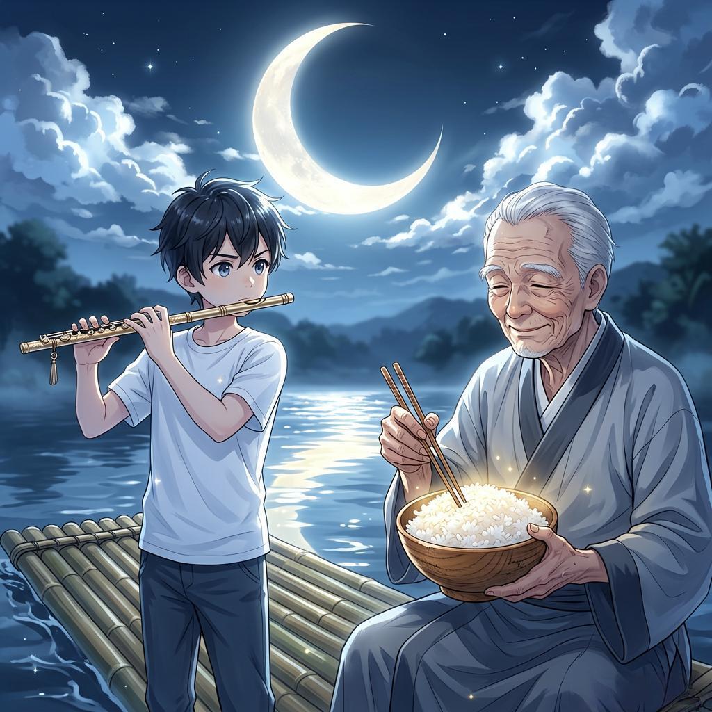 上联：一笛吹弯天上月
下联：双筷拨紧碗中粮