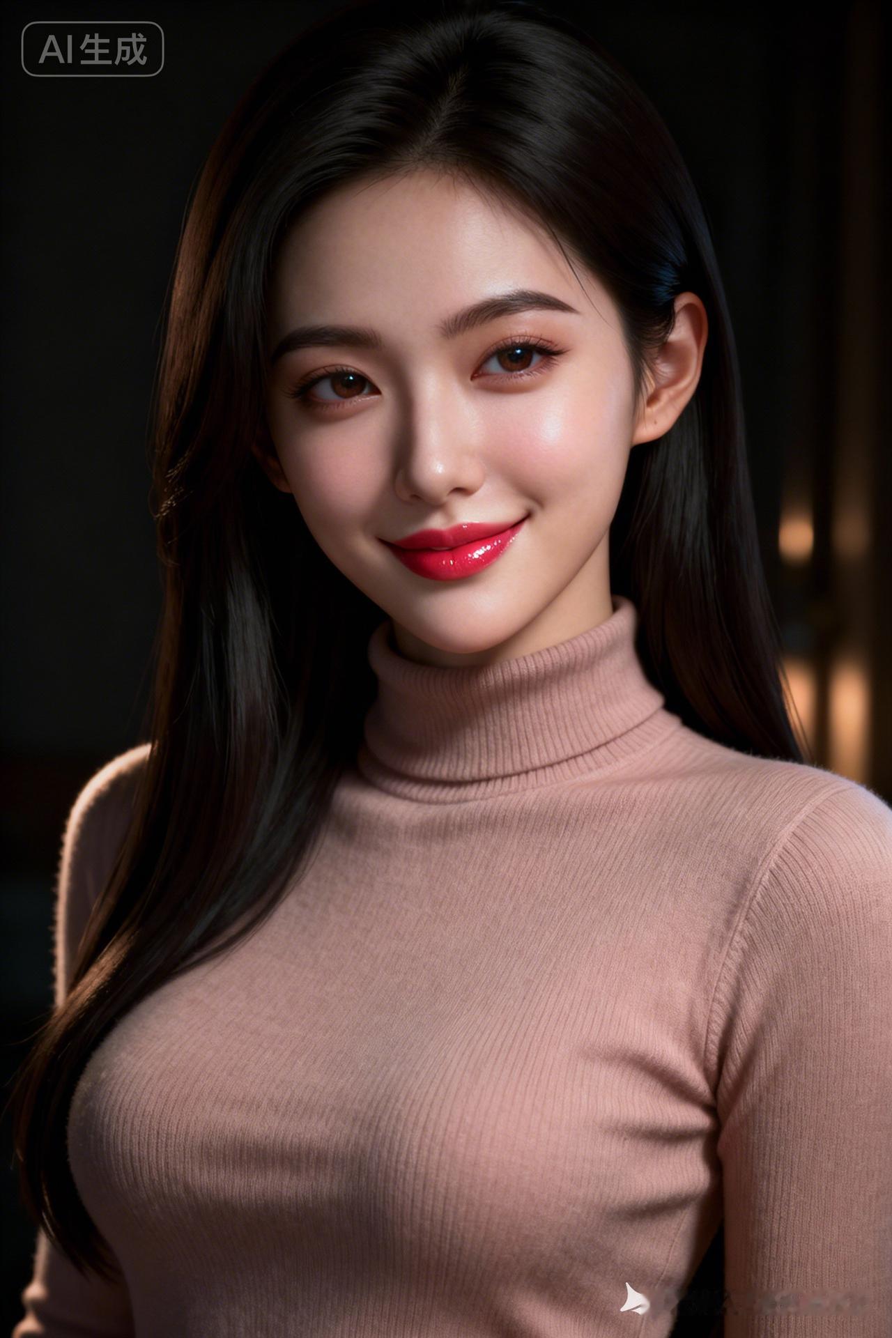 温柔甜美的少女，粉色毛衣搭配红唇，尽显优雅气质。