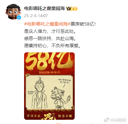 #哪吒2发58亿海报#【#哪吒2称是众人借力行至此处#】2月6日，发文：“票房破