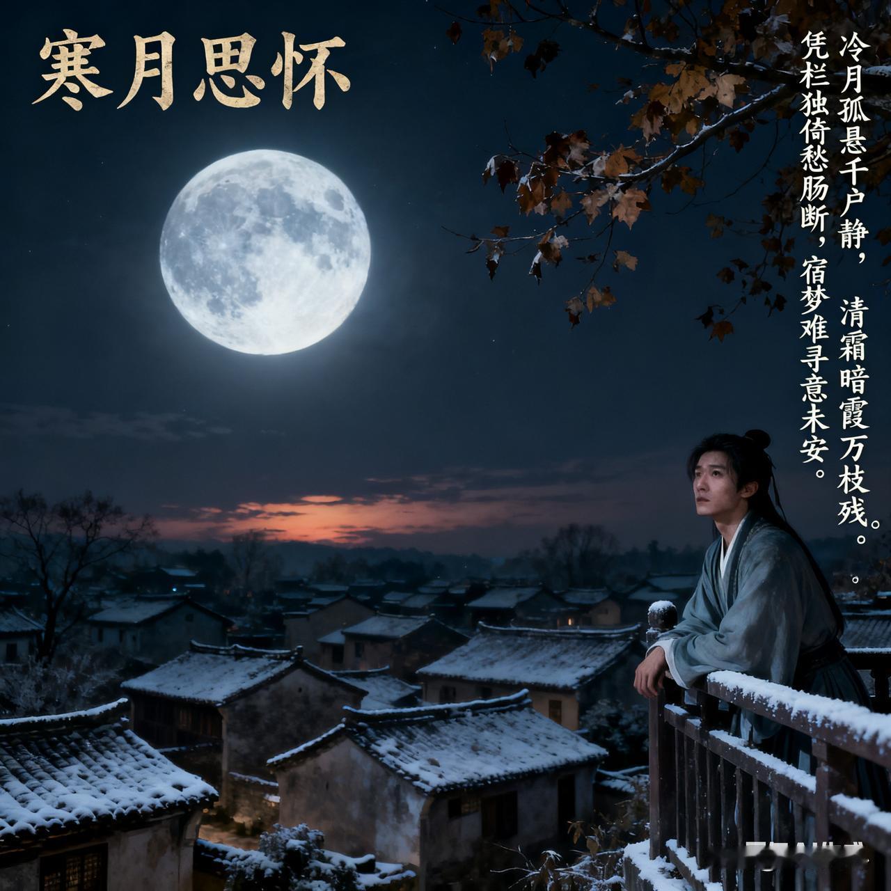 《寒夜思怀》乐韵诗心原创诗词:
 
冷月孤悬千户静，
清霜暗霞万枝残。
凭栏独倚