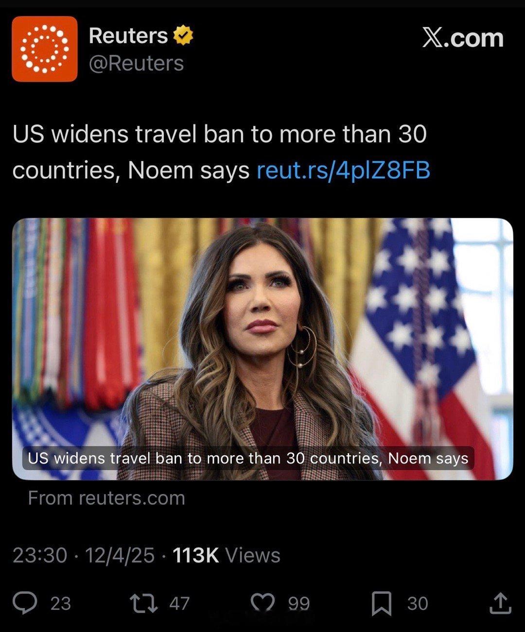 （路透社）——美国国土安全部长克里斯蒂·诺姆（Kristi Noem）周四表示，