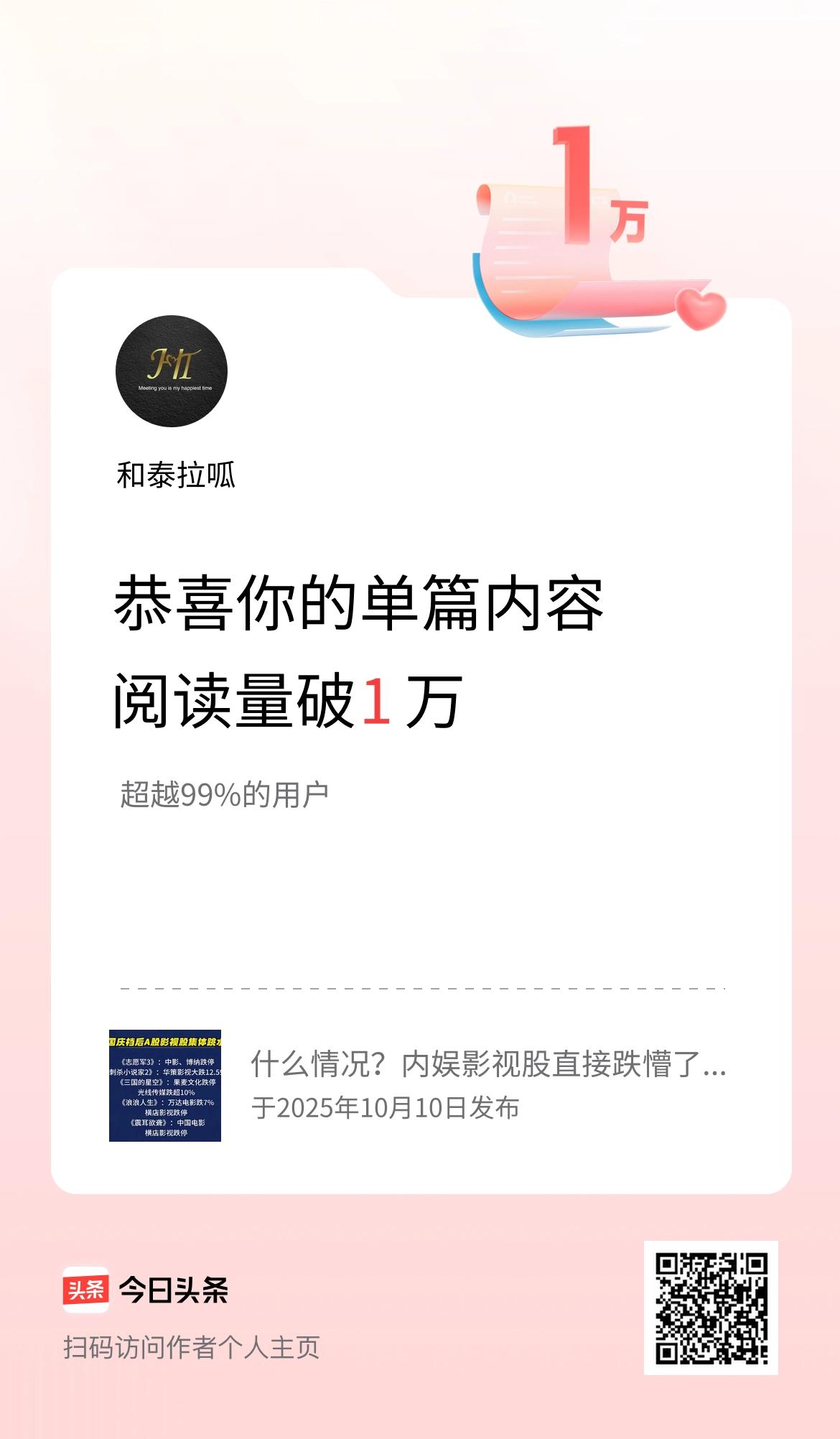 单篇内容获得阅读量破1万啦！