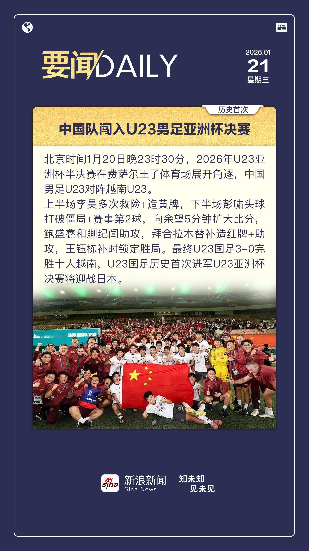 【0121要闻daily 中国队闯入U23男足亚洲杯决赛】北京时间1月20日晚2