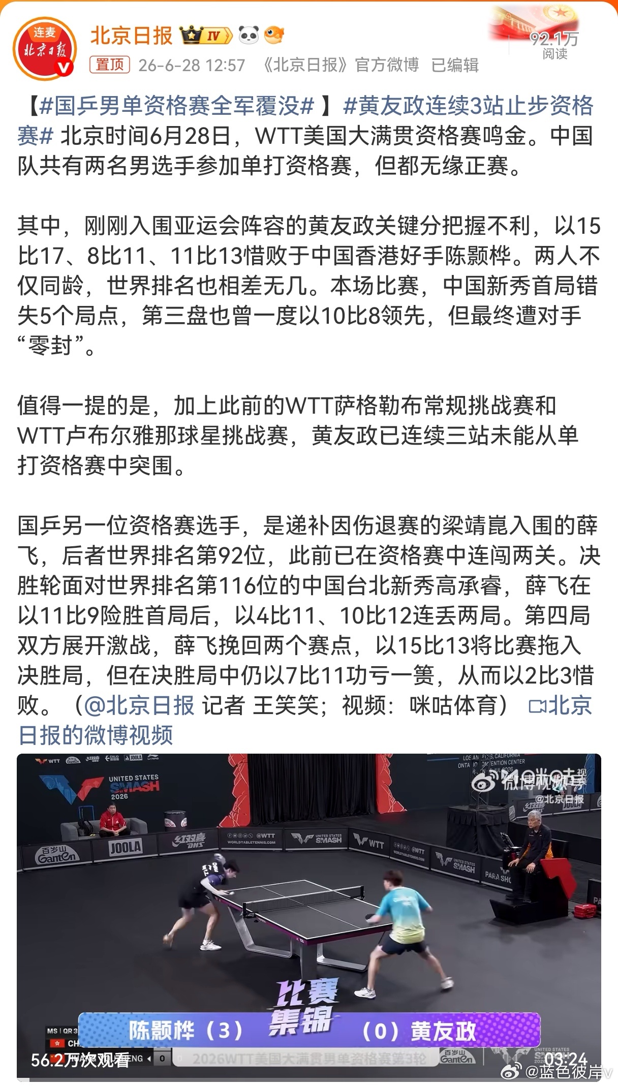 国乒男单资格赛全军覆没拉斯维加斯的夜风有点凉。黄友政连续三站倒在资格赛，首局5个