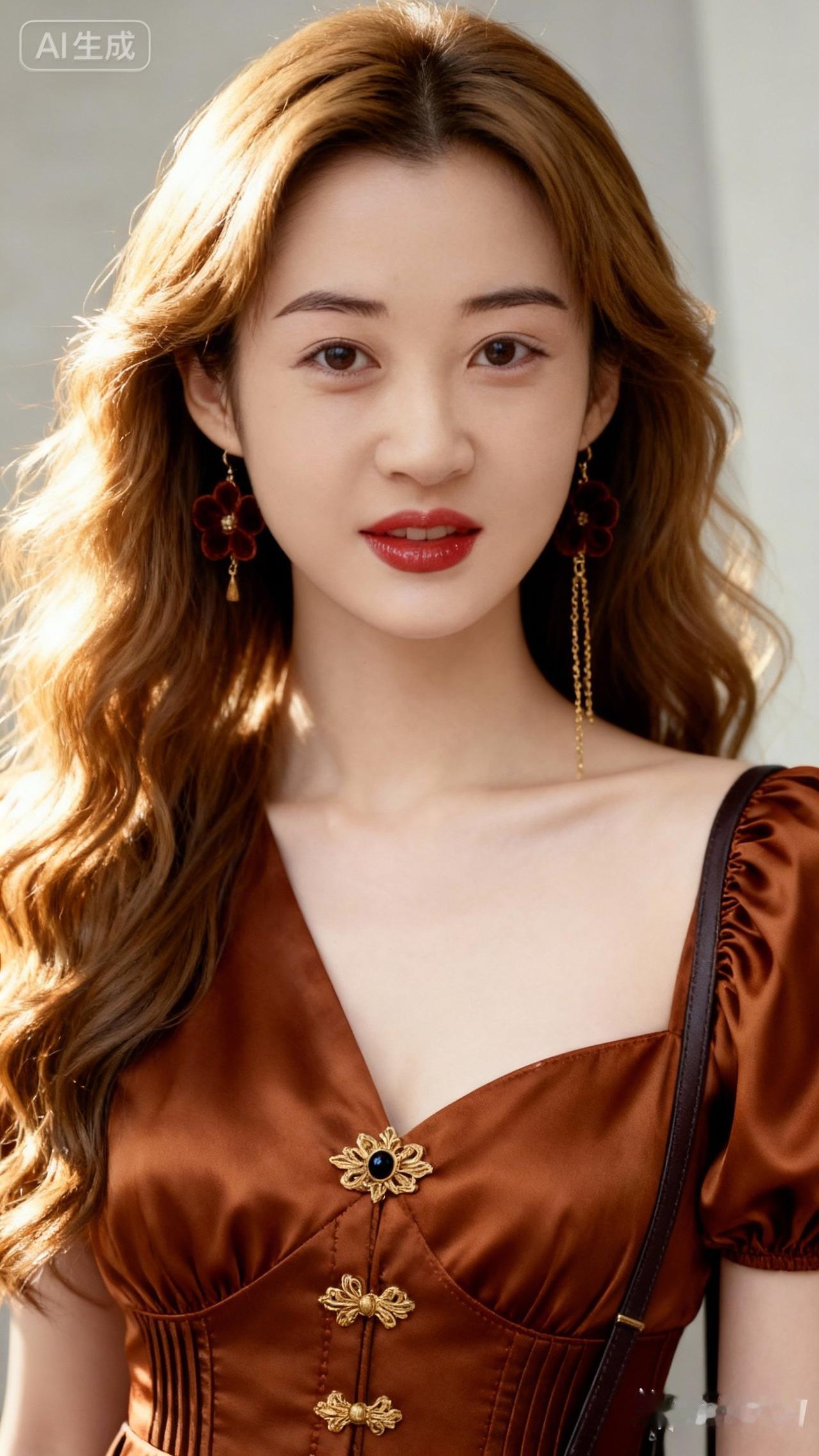 优雅复古风，红唇与棕色连衣裙的完美搭配，尽显女性魅力！