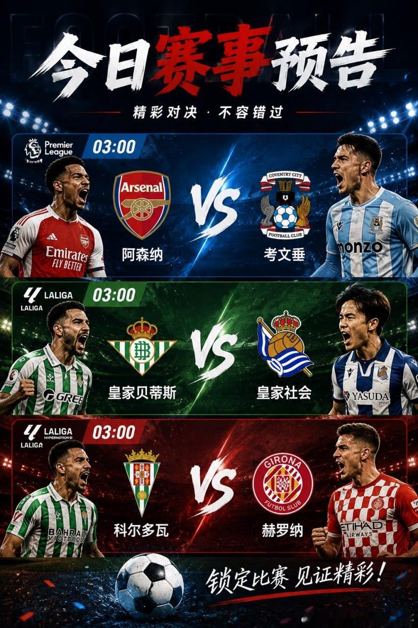 今晚03:00，三场焦点赛事准时开战。英超：阿森纳 VS 考文垂西甲：皇家贝蒂斯