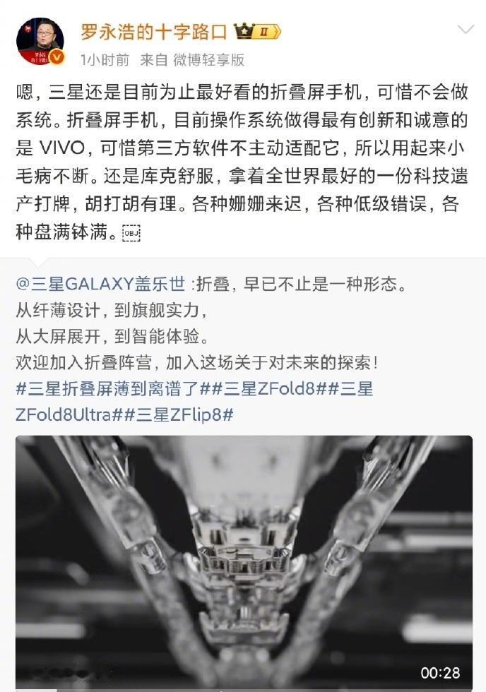 罗永浩点评折叠屏。称三星好看vivo有诚意，库克全靠遗产吃香。