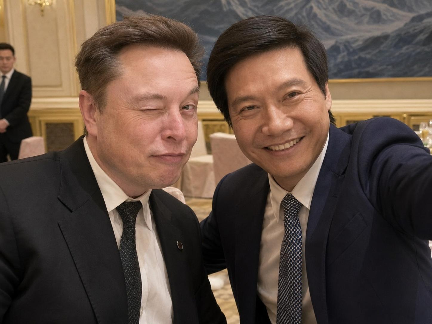 好了，雷军和马斯克的自拍照，我刚刚问AI要到了一张。 
