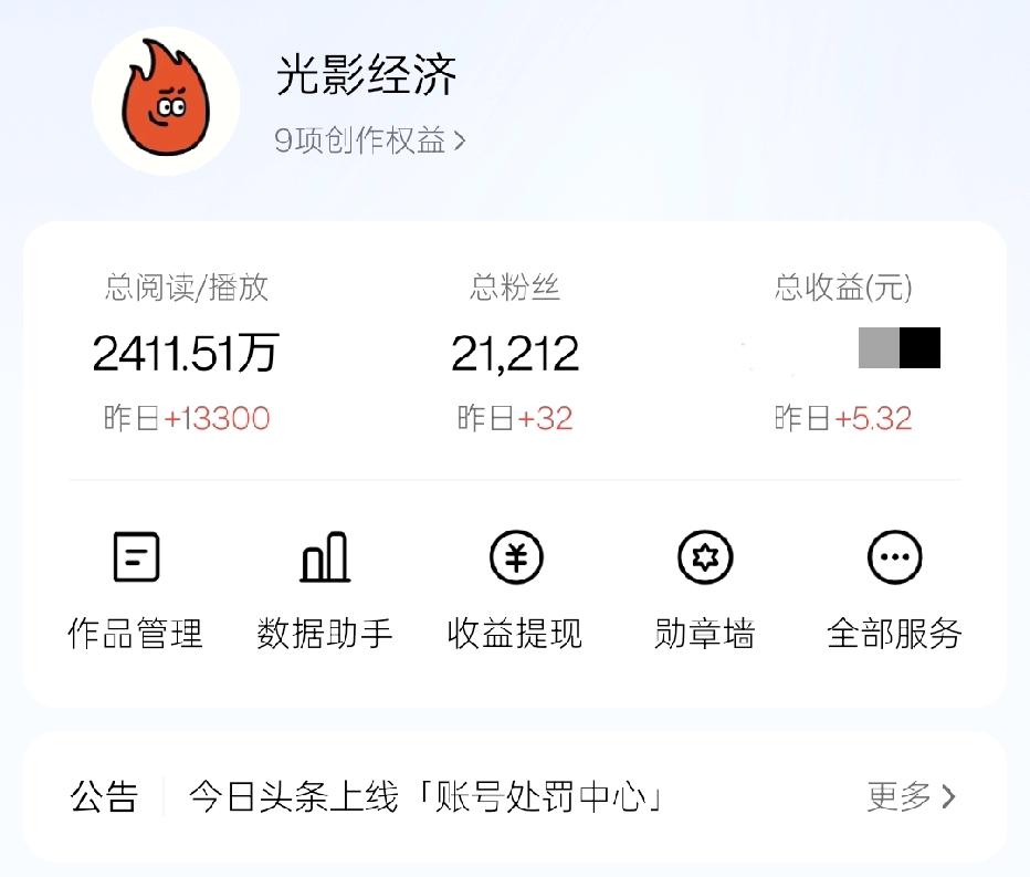 今日头条收益出炉了：5.32元
昨日阅读量为13300，收益为5.32元，万次阅