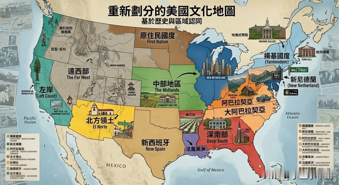 美国真的是统一国家吗？学者称它由12个文化区构成，影响价值观与投票
 
文化历史