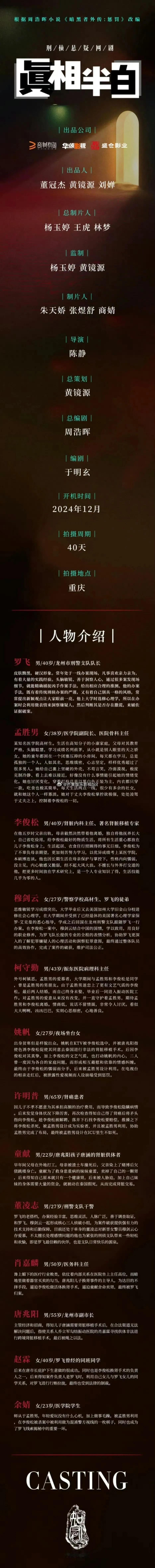 根据周浩晖小说《暗黑者外传：惩罚》改编，网剧《真相半白》已于12月中旬开机，爱奇
