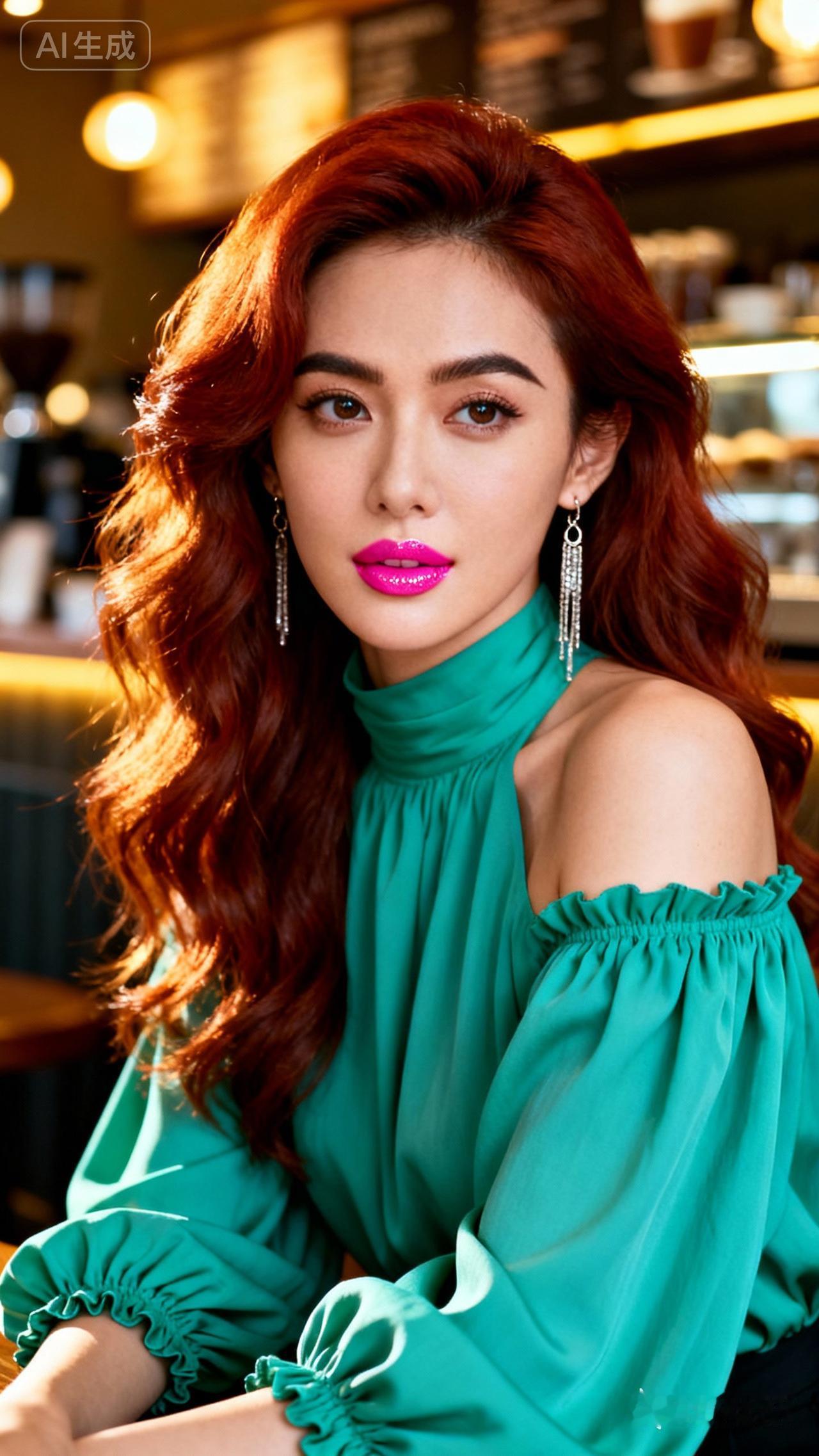 红发少女，绿色露肩上衣，咖啡馆里的一抹亮色