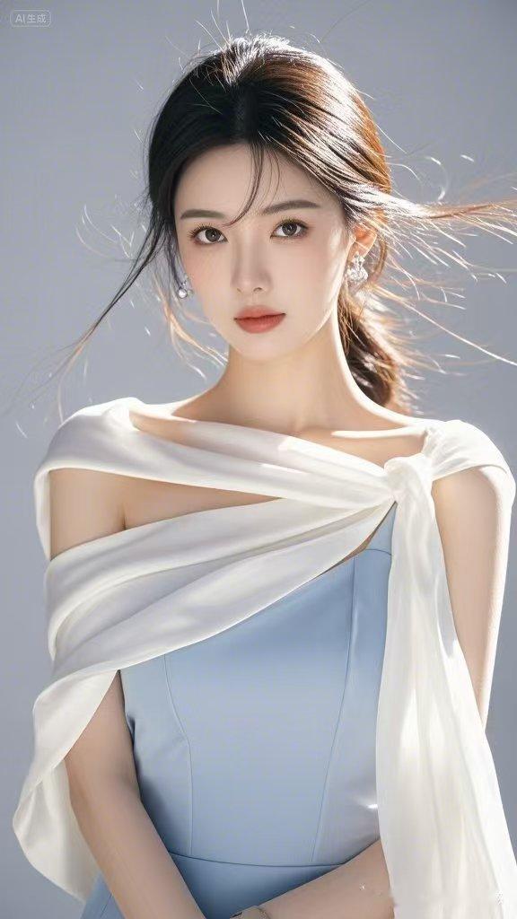 徐徐清风轻轻拂过肩头，身着蓝白雅致裙衫的女子温婉柔美，眉眼温润灵动，周身柔光萦绕