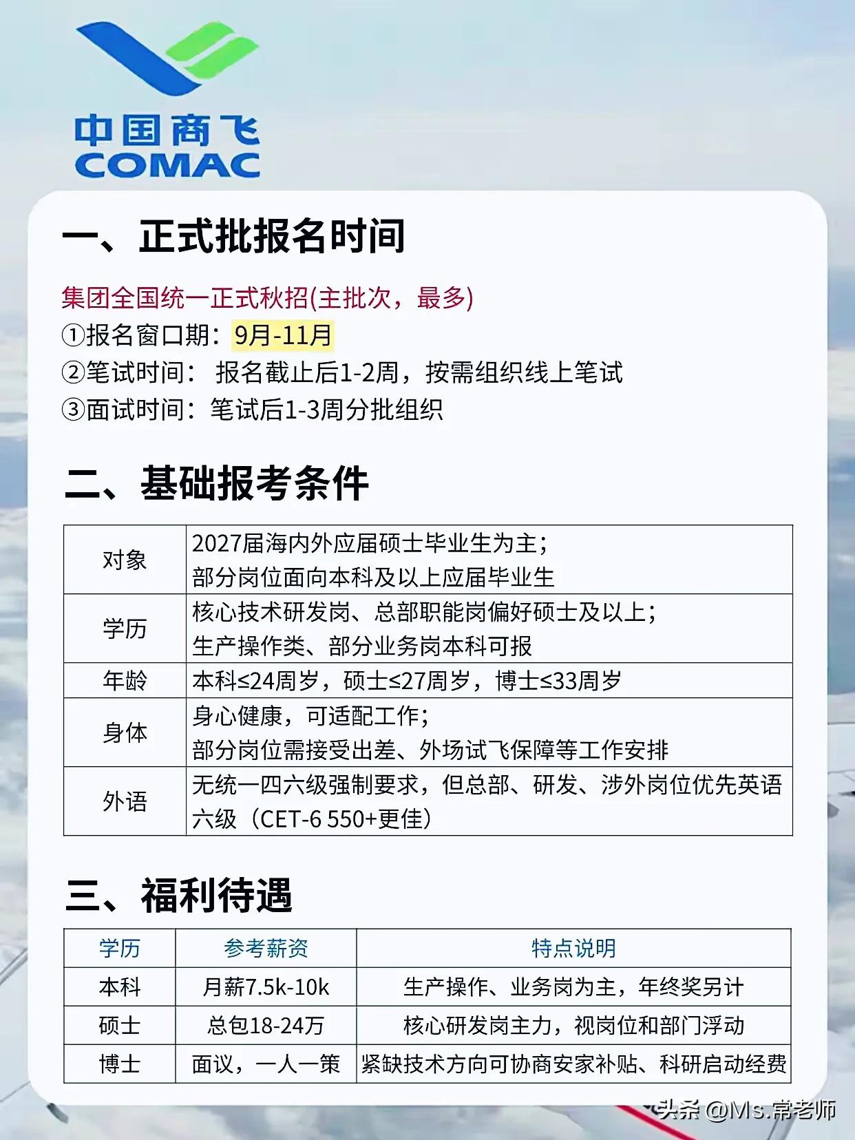 同学们，中国商飞这次集团全国统一正式秋招是主批次，也是名额最多的一波，窗口就在9