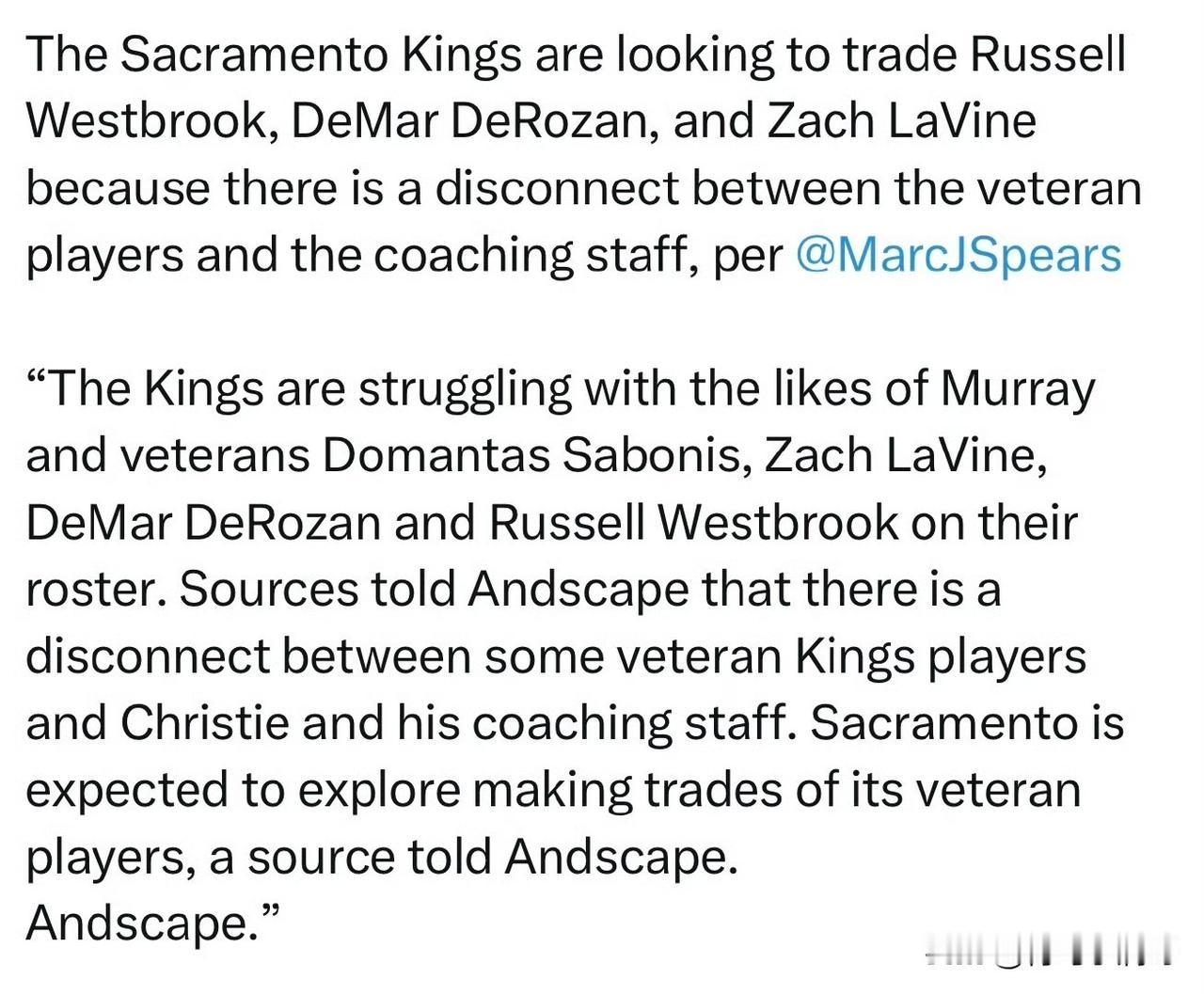 国王开始行动了！！！国王考虑交易威少、德罗赞和拉文！

根据记者Marc J. 