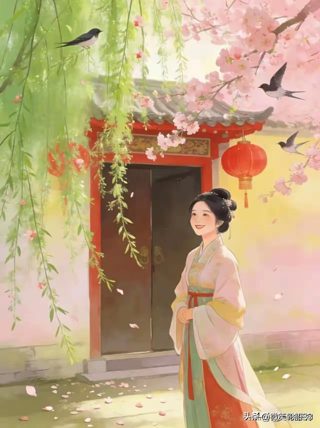 天净沙·春喜
晴光暖柳丝摇，
燕裁绿绦，
鹊登梅梢。
粉面佳人，
轻敲门桃。