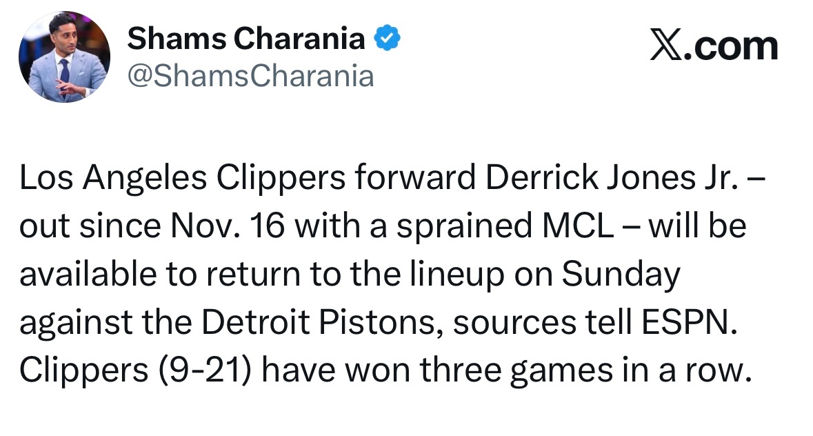 扬帆起航！快船小琼斯复出对阵活塞。 