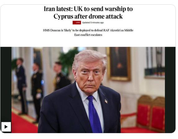 【英国派遣驱逐舰（一艘防空军舰）前往塞浦路斯保护其基地】鉴于该地区紧张局势加剧，