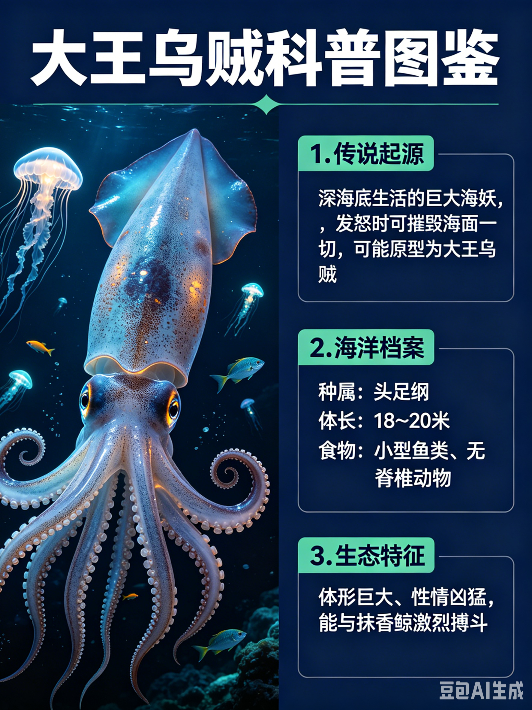 海洋朋友圈 大王乌贼海洋档案种　属：头足纲体　长：18～20米食　物：小型鱼类、
