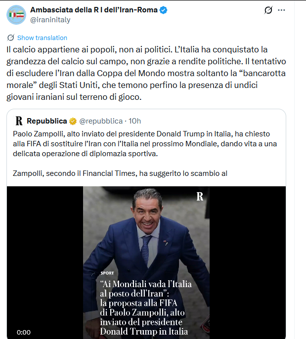 “意大利顶替伊朗递补进世界杯”，这只是特朗普特使赞波利提出来的荒唐设想，显然不具