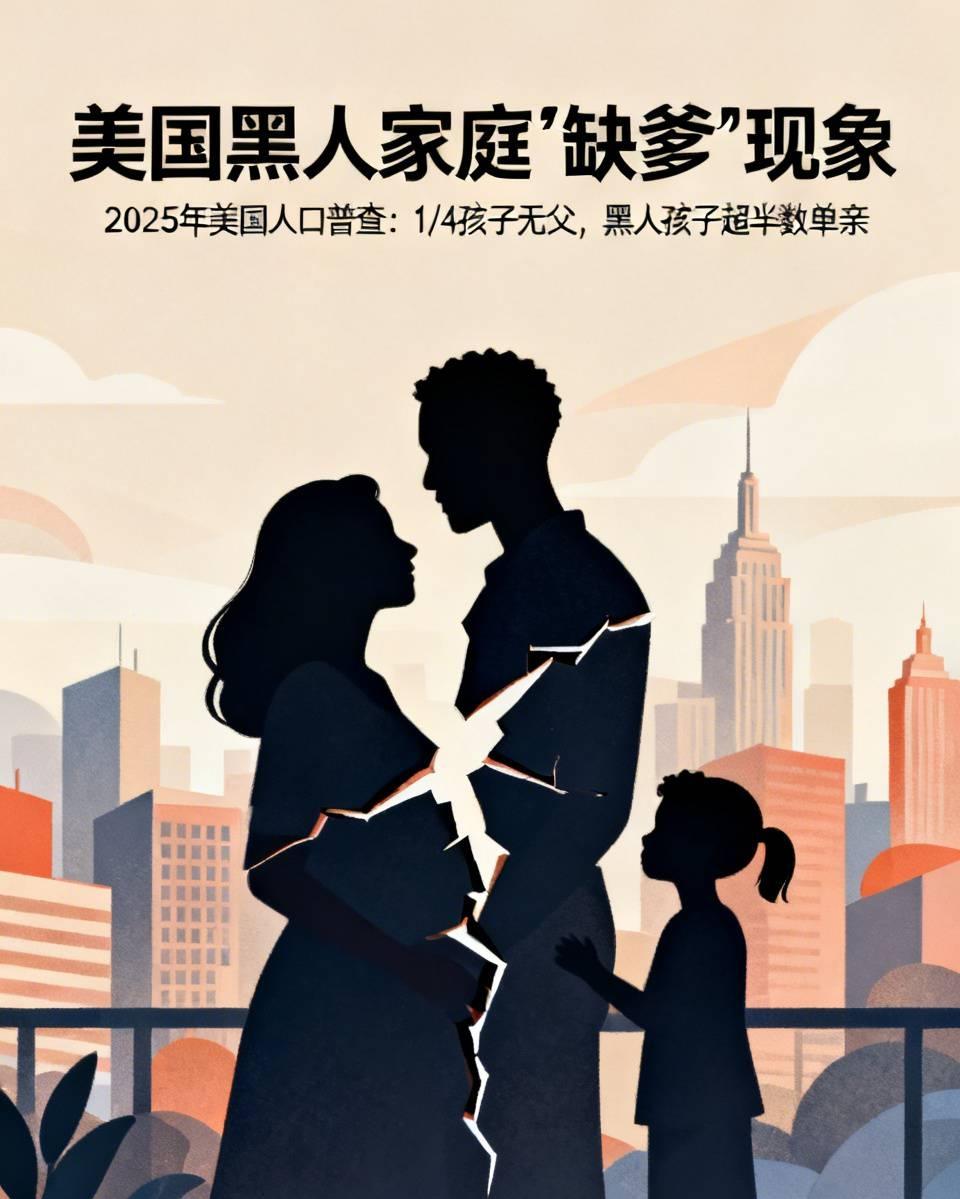 美国黑人家庭“缺爹”现象确实很严重。2025 年美国人口普查显示，1/4 的孩子