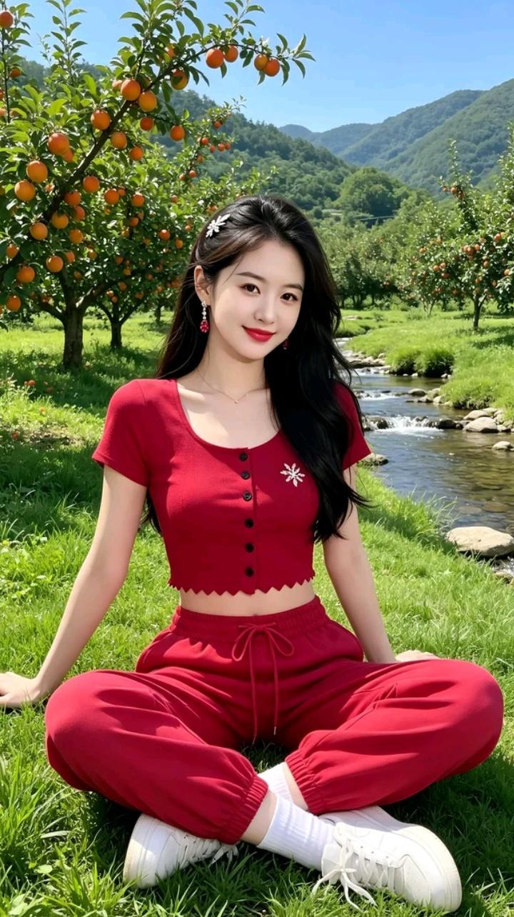 在果园里，穿红色运动服的少女，享受阳光与自然的美好时光。中年女人的幸福,到底是什