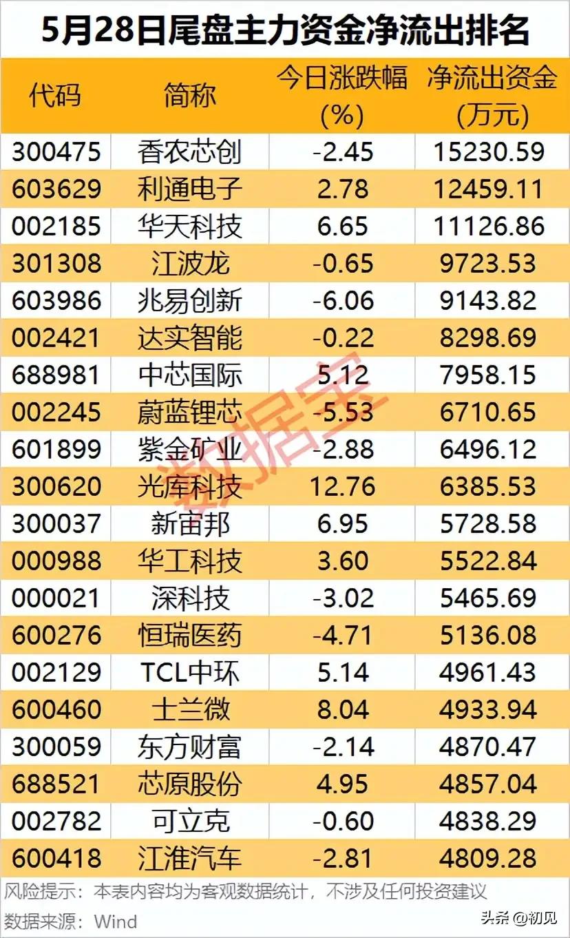 ⚠️尾盘资金出逃榜：20只高位分歧标的全景梳理！

5月28日尾盘，A股主力资金