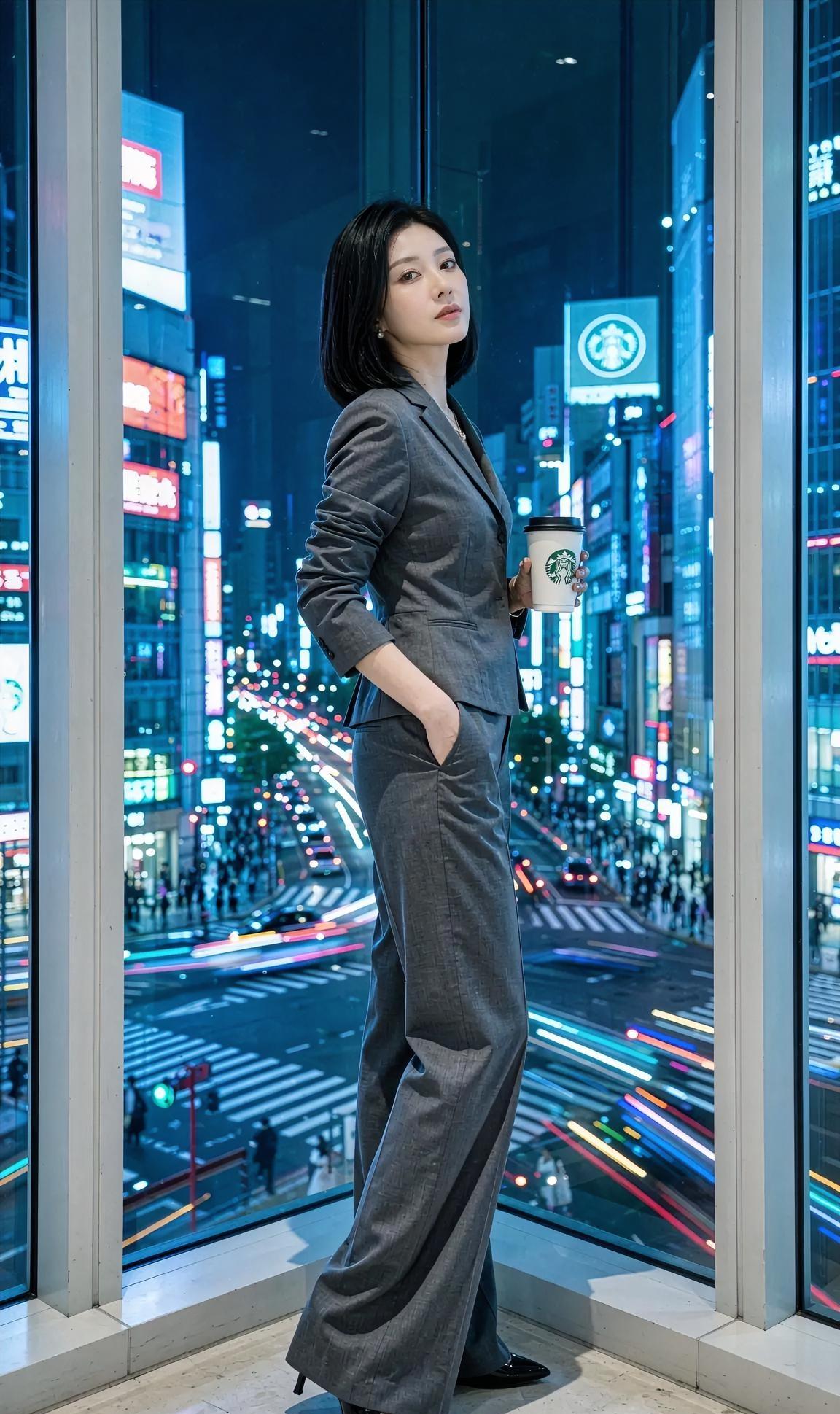 《霓虹深处的从容》

灰调西装，裁出都市的利落，

短发微扬，映着玻璃的清透。