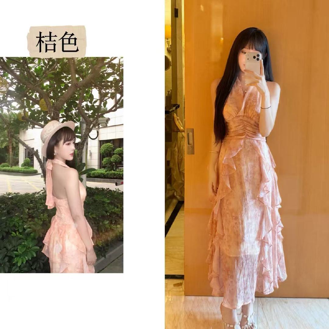 麻辣女人【波光粼粼】法式碎花背部打揽挂脖绑带收腰长裙，挂脖绑带露背+后背打揽自然