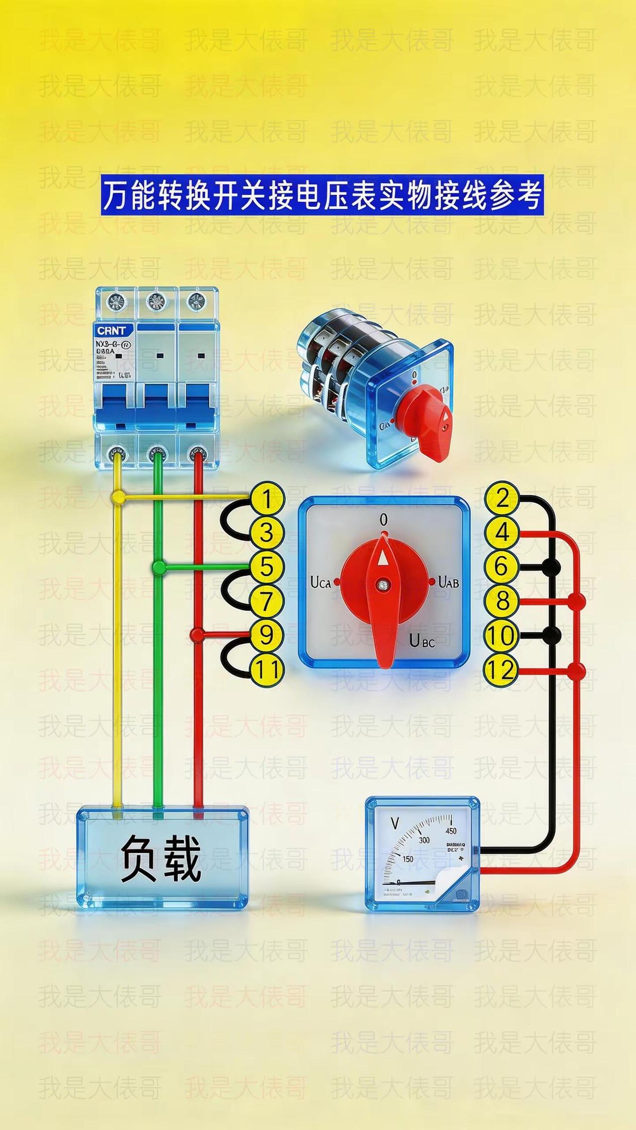 万能转换开关接电压表实物接线图。零基础学电工 电工知识 电工接线 电工教学