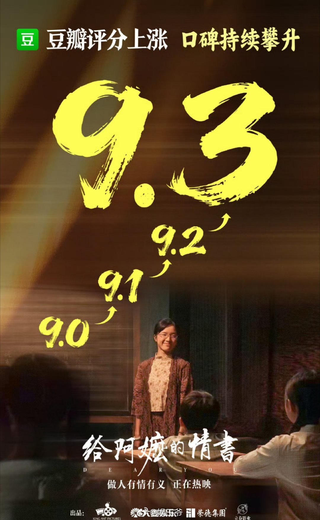 给阿嬷的情书评等还在上涨，9.3了，希望国产电影能够多来点这样的好电影 