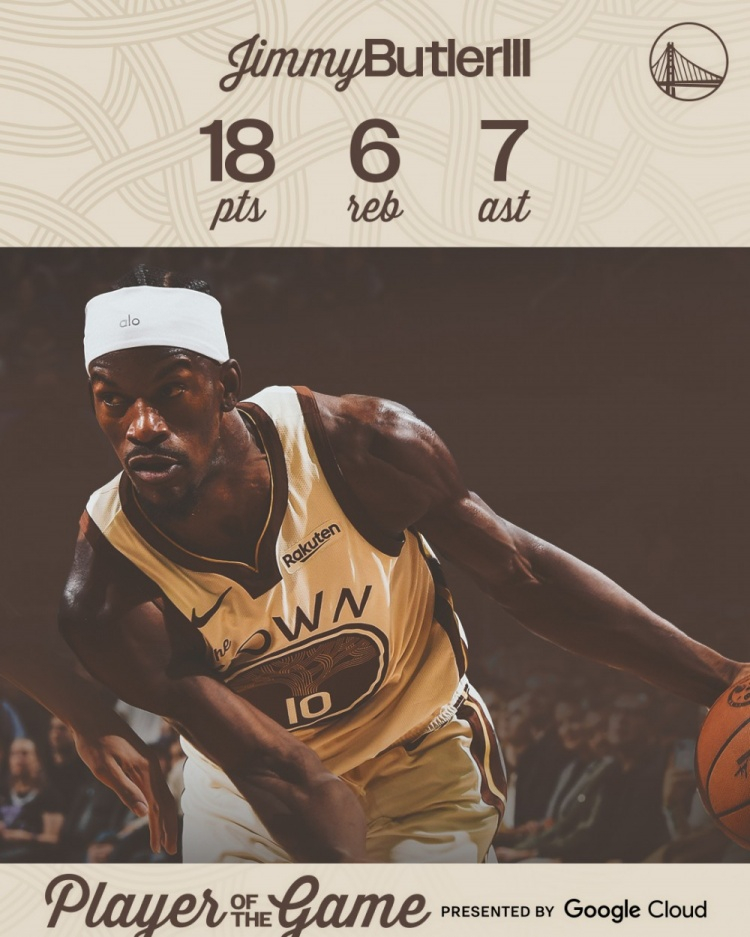 能量遍布整个球场！砍下18+6+7的巴特勒被评为本场勇士最佳NBA常规赛，勇士1
