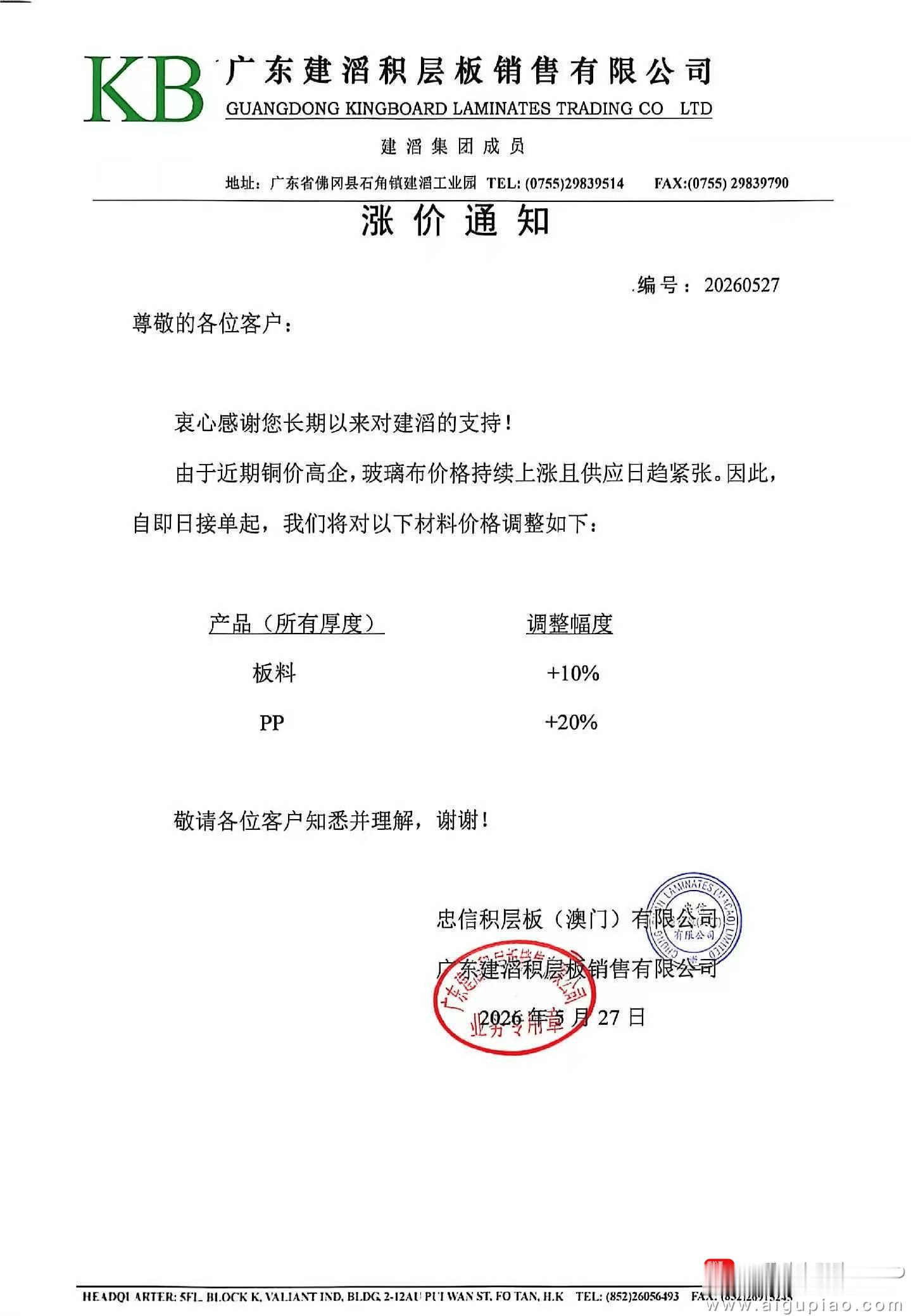 【建滔集团向客户下发涨价通知：板料涨价10% PP材料涨价20%】记者从知情人士