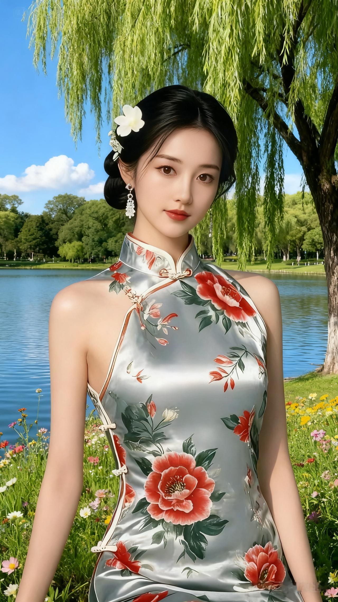 漫步在公园湖畔，碧波轻轻荡漾。岸边杨柳青青，柔枝随风轻拂，树下野花烂漫，林木葱郁