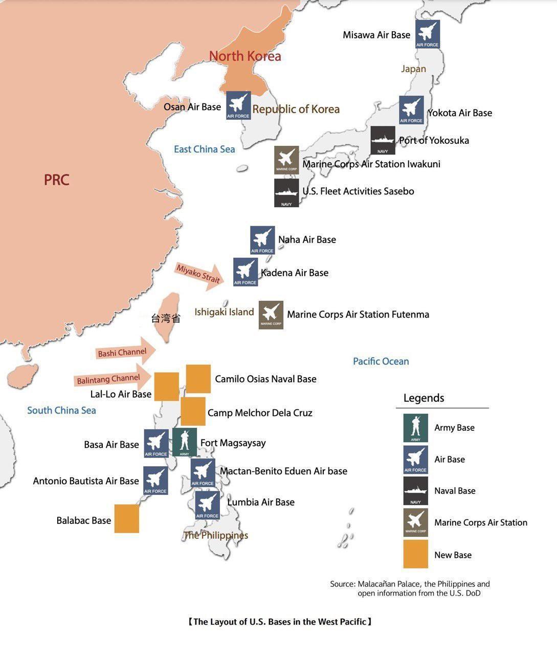 台伪绘制的“西太平洋美军军事基地分布图”，蛙蛙们似乎很引以为傲。

其实这些距离