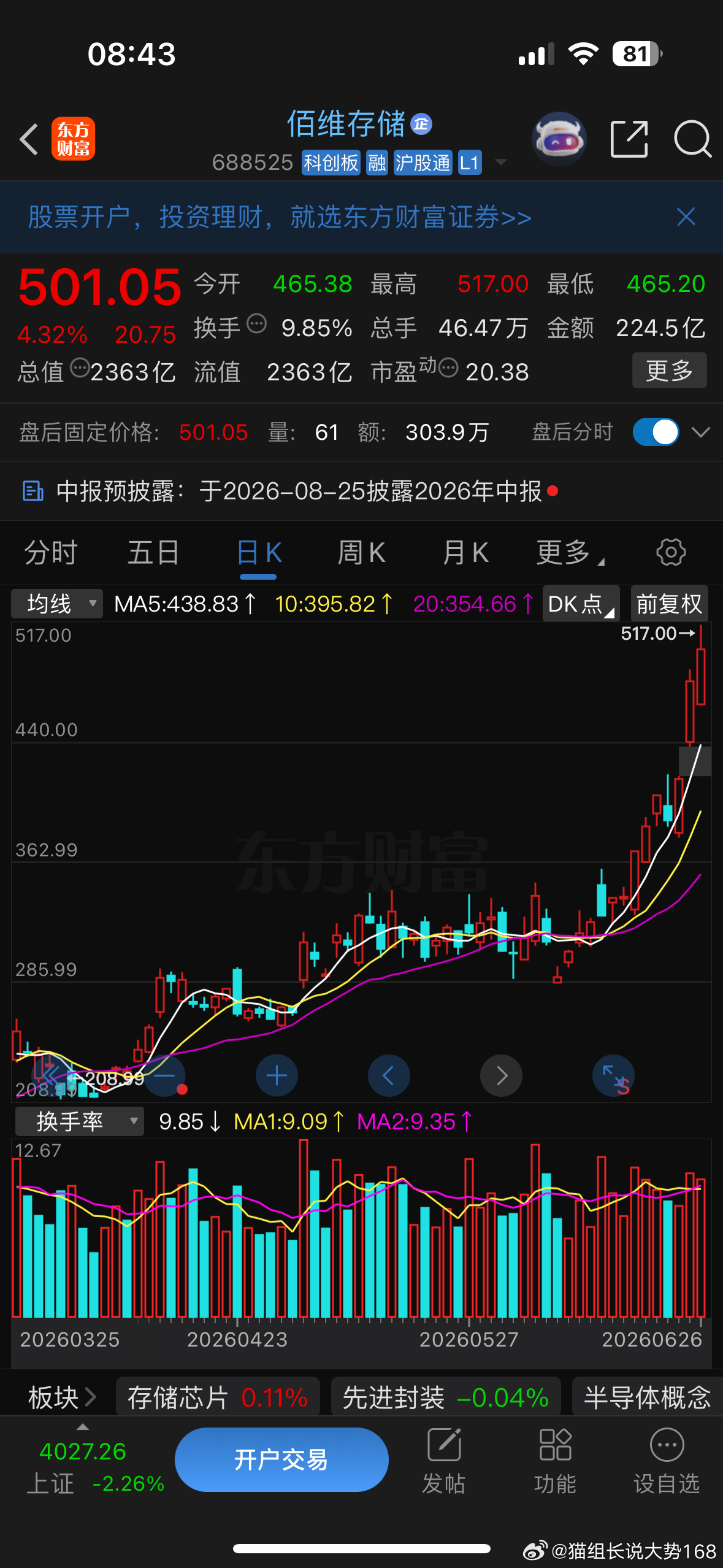 现在是北京时间8:43家人们，佰维后续还能不能吃肉？猫组长认为还有不小的上行空间