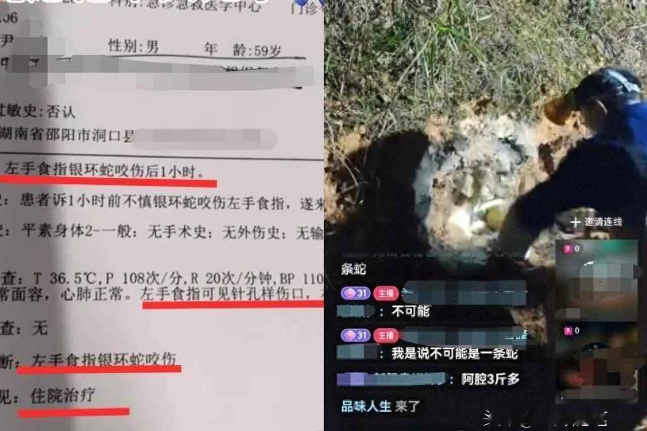 湖南邵阳一男子为直播挖蛇被咬，
去医院后却自行离开至今下落不明，
知情人：
他手