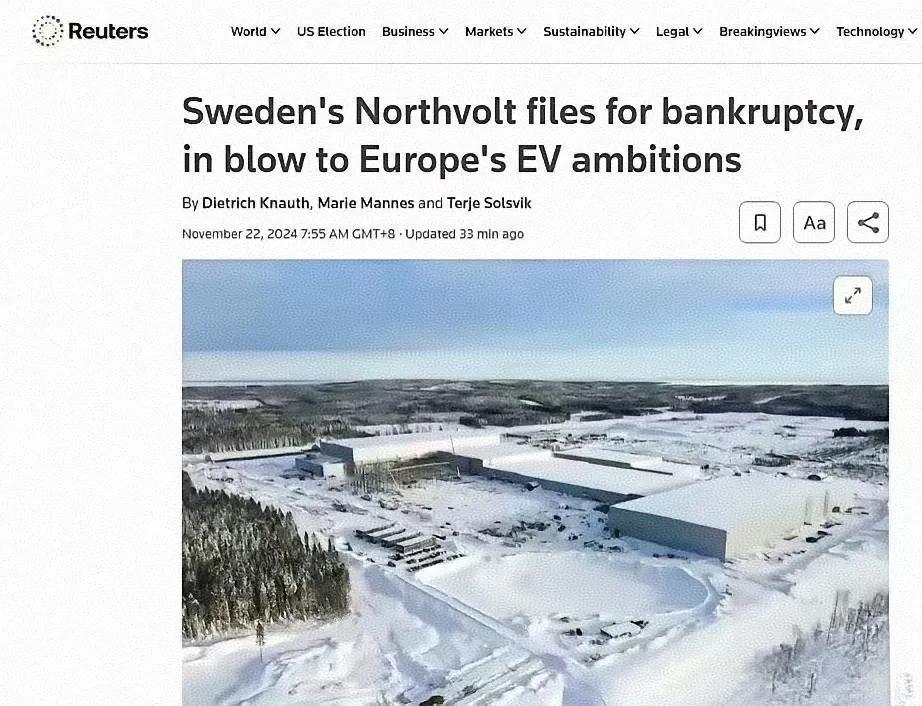 欧洲最大电池厂Northvolt（北孚）破产了，这家电池厂可不简单，承担着欧洲的